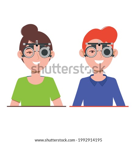 People vision checkup in ophthalmological clinic. Optometrist checking kid and adult eyesight with spectacles medical equipment. Glasses lens selection. Flat cartoon character illustration 