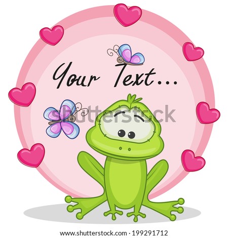 Greeting card frog with hearts and butterflies