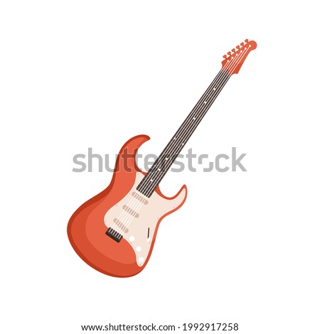 Six-stringed electric guitar. Rock music instrument. Cool electroguitar with fretboard and frets. Colored flat vector illustration isolated on white background