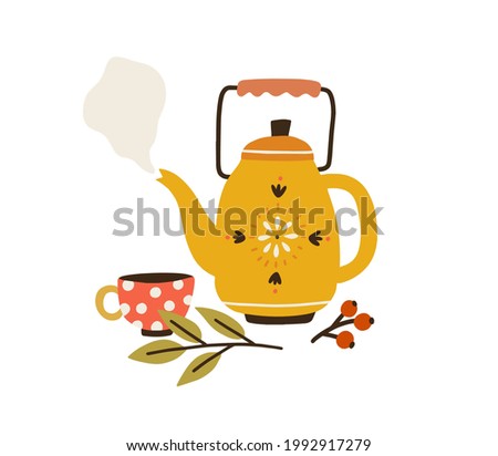 Vintage tea kettle with hot steam, cup and herbs. Rustic teapot with autumn herbal drink, teacup, leaves and berries composition. Colored flat vector illustration isolated on white background Royalty-Free Stock Photo #1992917279