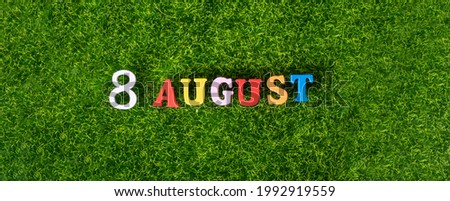 August 8. Image of wooden colored letters and numbers on August 8 against the background of a green lawn, World Cat Day. A summer day. Empty space for the text.