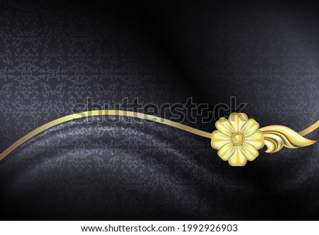 Abstract background for design. Dark background with vintage pattern and draped fabric and gold floral decoration.