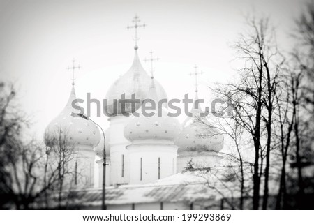 Church Domes in Trinity Sergius Lavra, Sergiev Posad, Russia. UNESCO World Heritage Site. Black and white photo.