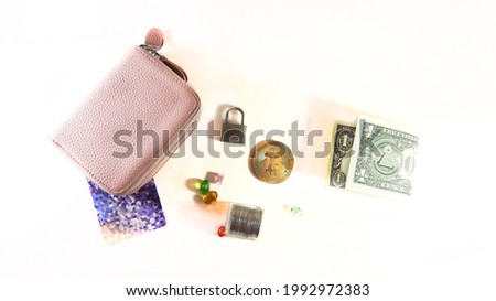 Cryptocurrency. Wallet, security, bank card. Bitcoin coin and dollars photo top view layout. Concept of mining business, wealth, fortune, template 