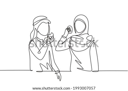 Single continuous line drawing young Arab couple having donuts meal at restaurant. Happy teenagers smiling and laughing together. Talking friendship. One line draw graphic design vector illustration