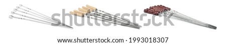 Set with metal skewers on white background. Banner design