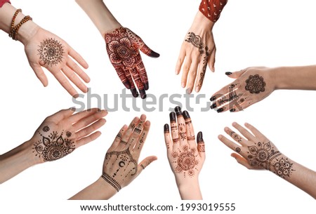 Closeup view of women with henna tattoo on hands against white background, collage. Traditional mehndi ornament