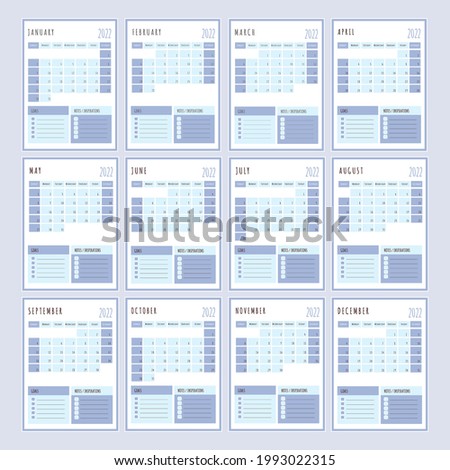 BLUE PLANNER 2022 Year Printable Template Business Organizer Schedule Page For A Day For Effective Planning Paper Sheet Design Clip Art Vector illustration Set