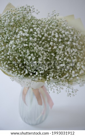 A large lush bouquet of small white flowers in a vase on a white background.