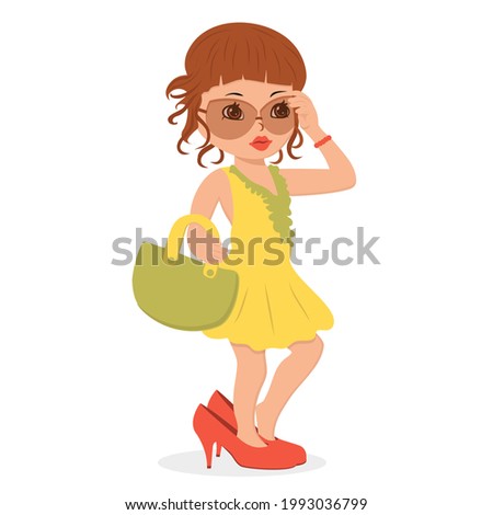 Beautiful girl fashionista in her mother's shoes with a handbag. Vector flat illustration.