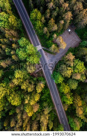 Road through forest shot from above. Aerial of a countryside road