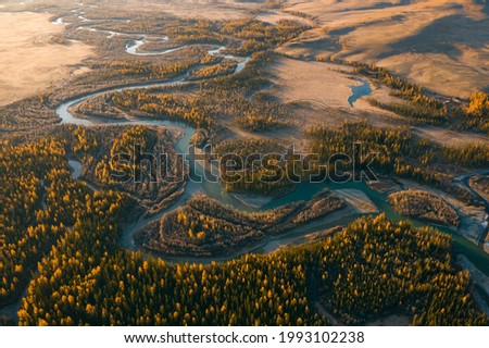 Autumn forest, abstract nature picture. Admire the virgin forests of Siberia, Russia from the air.