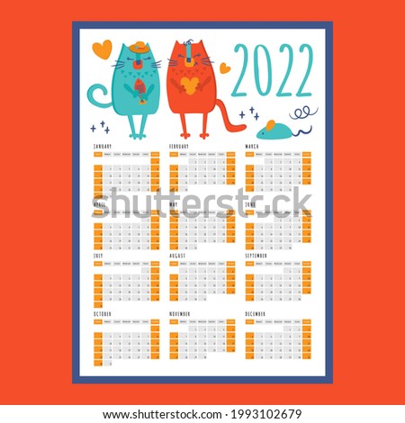 CAT LOVE CALENDAR 2022 Year Printable Template Business Organizer Schedule Page For A Day For Effective Planning Flat Style Design Clip Art Vector illustration Set