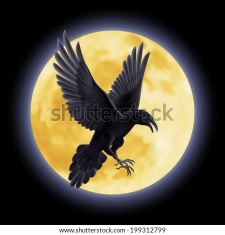 Raster version. Black crow soars on the background of a full moon night