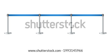 Realistic barrier fence with blue tape. Blue carpet event entrance gate, VIP zone, exclusive entrance, closed event restriction, museum exhibition concept. Metallic poles. Vector illustration Royalty-Free Stock Photo #1993145966