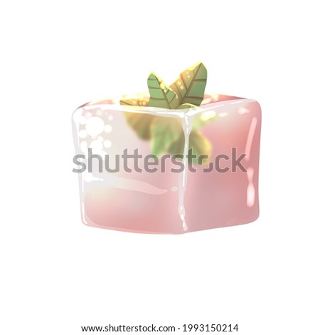 Refreshing ice cube with green mint leaves hand drawn illustration. Summer natural organic clip art isolated on white background