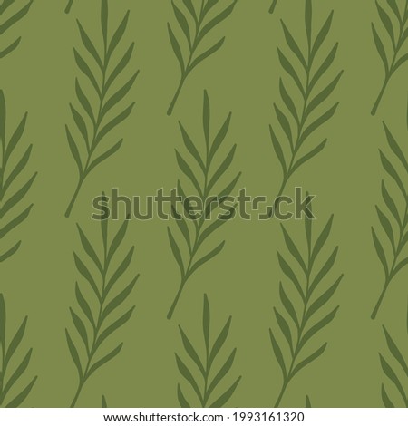 Leaf twigs doodle seamless pattern in abstract foliage style. Green background. Decorative ornament. Stock illustration. Vector design for textile, fabric, giftwrap, wallpapers.
