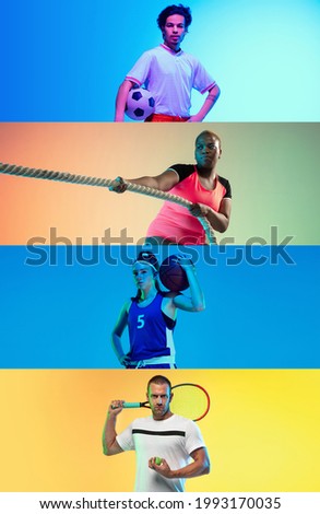 Soccer football, tennis, fitness, basketball. Collage of different professional sportsmen standing and posing at studio on multicolored background in neon. Vertical flyer for advertising.