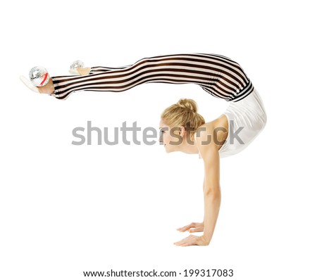 Gymnast woman flexible body standing on arms, training stretching, isolated white background