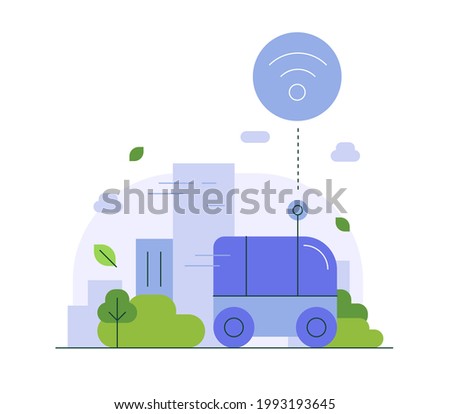 Self-driving bus. Modern city. Wi-Fi. Smart transport and high technologies. Flat illustration. Vector file.