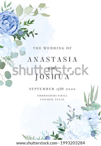 Dusty blue rose, white hydrangea, ranunculus, anemone, eucalyptus, greenery, juniper, brunia vector design frame. Wedding seasonal flower card. Floral  watercolor composition. Isolated and editable Royalty-Free Stock Photo #1993203284
