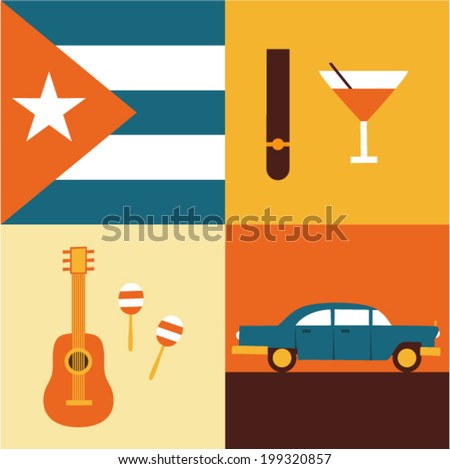 Vector illustration icon set of Cuba: flag, cigars, cocktails, guitar, maracas, retro car