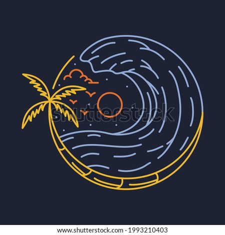 Sea sunset and great wave line graphic illustration vector art t-shirt design