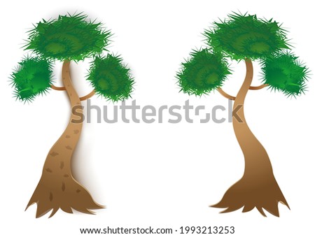 Vintage cartoon icon with two pines (volumetric, flat). Vector image of an evergreen tree in paper cut style. Healthy air symbol.