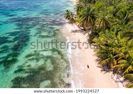 Tropical Island Aerial View. Wild coastline lush exotic green jungle. Red Frog Beach in Bastimentos Island, Bocas del Toro, Central America, Panama. Royalty-Free Stock Photo #1993224527