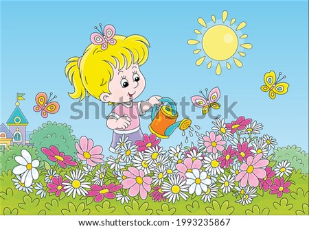Happy little girl watering colorful garden flowers on a pretty small flowerbed on a sunny summer day, vector cartoon illustration