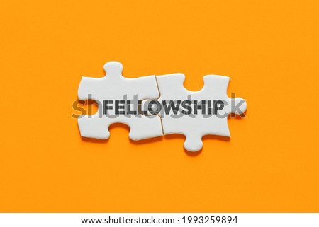 Connected puzzle pieces with the word fellowship. Cooperation, partnership, solidarity and support in business concept. Royalty-Free Stock Photo #1993259894