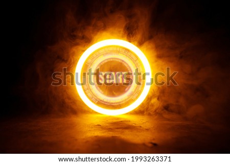 Sci Fi modern. Futuristic smoke. Neon color geometric circle with  inscription start on dark background. Round virtual screen. Holographic interface to display data.