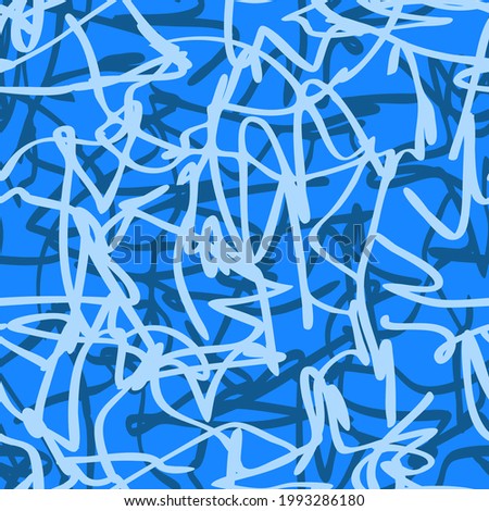 monochrome abstract seamless pattern. light and dark chaotic overlapping stripes, stylized as calligraphic painting, on a blue background. vector