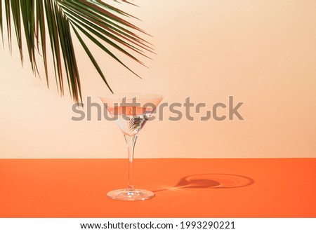 Top view of green tropical palm leaf and martini glass on orange and sand color background. Summer drink minimal concept. Elegant composition.