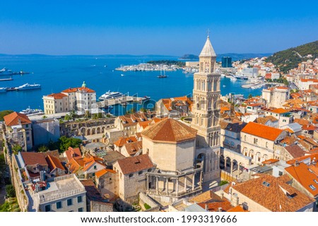 aerial view of old town of Split dominated by belltower of Saint Domnius cathedral, Croatia Royalty-Free Stock Photo #1993319666