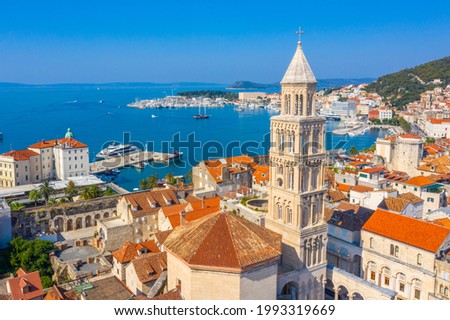 aerial view of old town of Split dominated by belltower of Saint Domnius cathedral, Croatia Royalty-Free Stock Photo #1993319669
