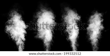 Set of real white steam isolated on black background with visible droplets. Royalty-Free Stock Photo #199332512
