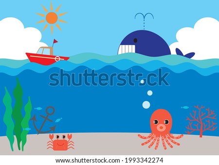 Sea Landscape Background, Blue Sky, Cumulonimbus, Sunshine, Whale, Boat, Octopus, Seaweed, Coral, Anchor