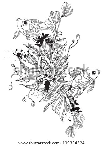 Two goldfish with underwater flowers