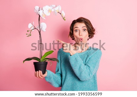 Photo of amazed excited young woman hold flower in pot point index finger isolated on pink color background
