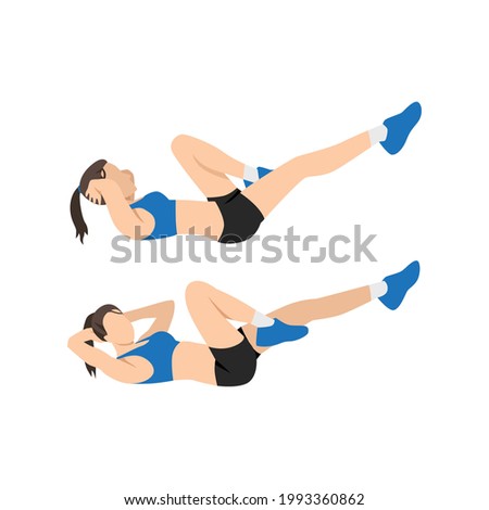 Woman doing Bicycles. Elbow to knee crunches. Cross body crunches exercise. Flat vector illustration isolated on white background