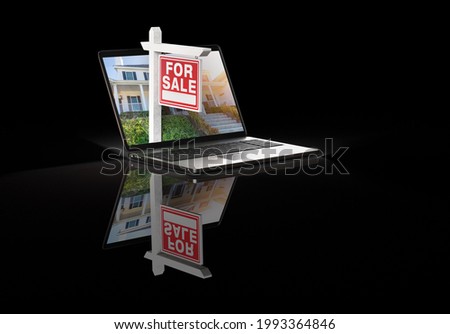 Headline: For Sale Real Estate Sign on Computer Laptop Isolated on a Black Background with Reflection..