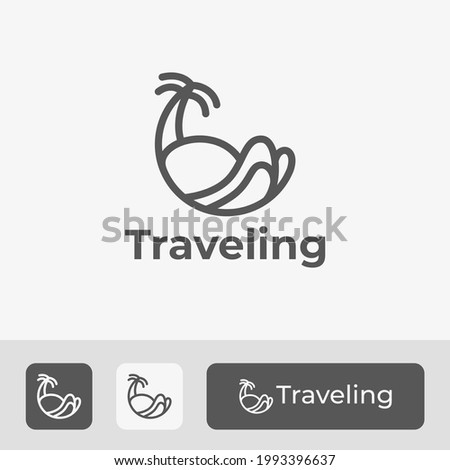 Simple Travel Logo With Beach Design, Island, and Line Art Style Palm Tree