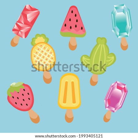 Colorful icecream set. Flavours of watermelon, pineapple, strawberry, cactusб frozen ice, icon concept