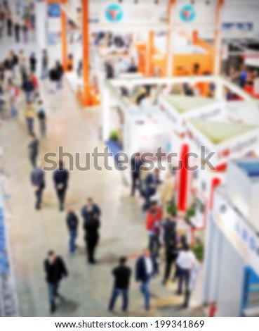Trade show background panoramic view. Intentionally blurred post production.