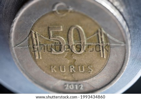 close up turkish lira, 50 penny, cent, 