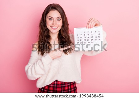 Photo of pretty sweet young lady wear off-shoulder pullover pointing finger date smiling isolated pink color background Royalty-Free Stock Photo #1993438454