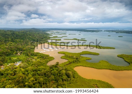 Tropical Island Aerial View. Wild coastline lush exotic green jungle and mangroves. Bastimentos Island, Bocas del Toro, Central America, Panama. Royalty-Free Stock Photo #1993456424