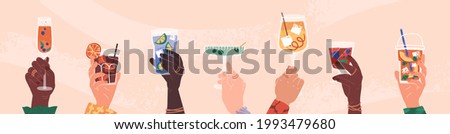 Hands holding cocktails with mojito, wineglass, mimosa, prosecco, sangria, juice. Enjoying handmade drinks in bar, at home or outdoors concept illustration. Cheers with friends cartoon vector. Royalty-Free Stock Photo #1993479680