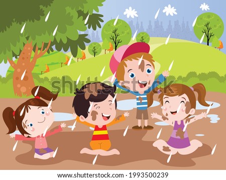 Childhood vector concept. Group of happy kids playing at rainy while standing in the puddle with mud